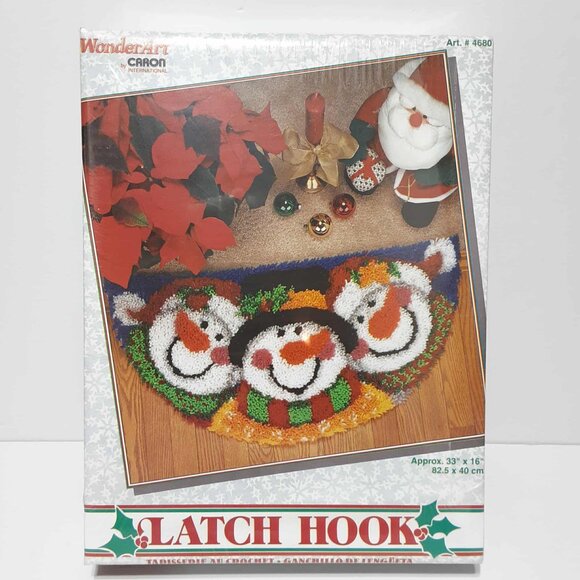 Vintage MERRY MEN Latch Hook Rug Kit Caron #4680 Snowman CHRISTMAS 33" x 16" NEW - Picture 2 of 7